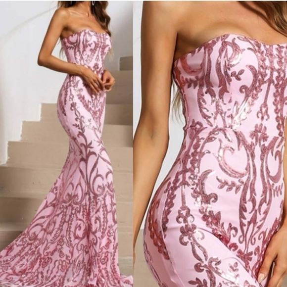 PINK MERMAID FLORAL EMBROIDERED PREMIUM BRAND AND QUALITY DRESS - Picture 4 of 16